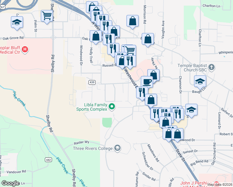 map of restaurants, bars, coffee shops, grocery stores, and more near 2630 Forest View Street in Poplar Bluff