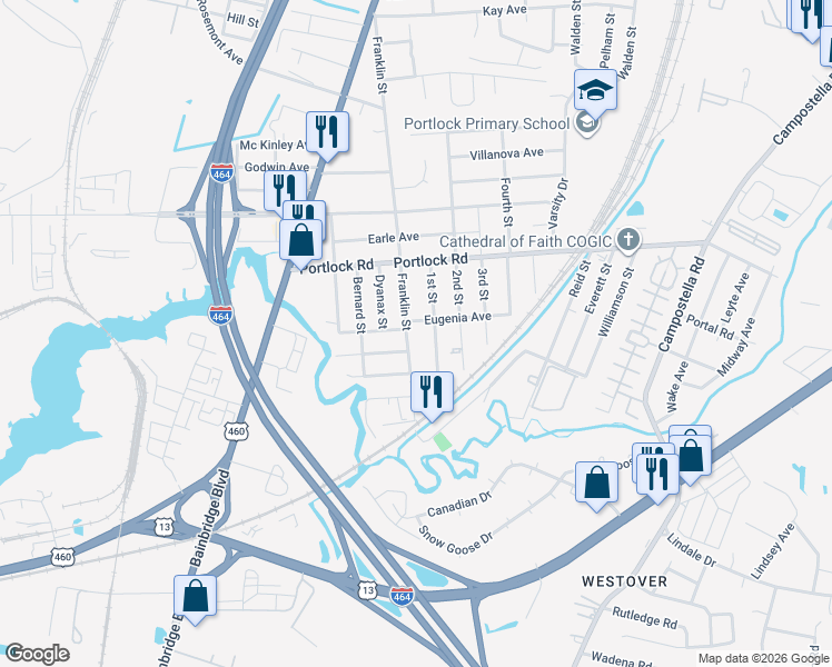 map of restaurants, bars, coffee shops, grocery stores, and more near 4120 Franklin Street in Chesapeake