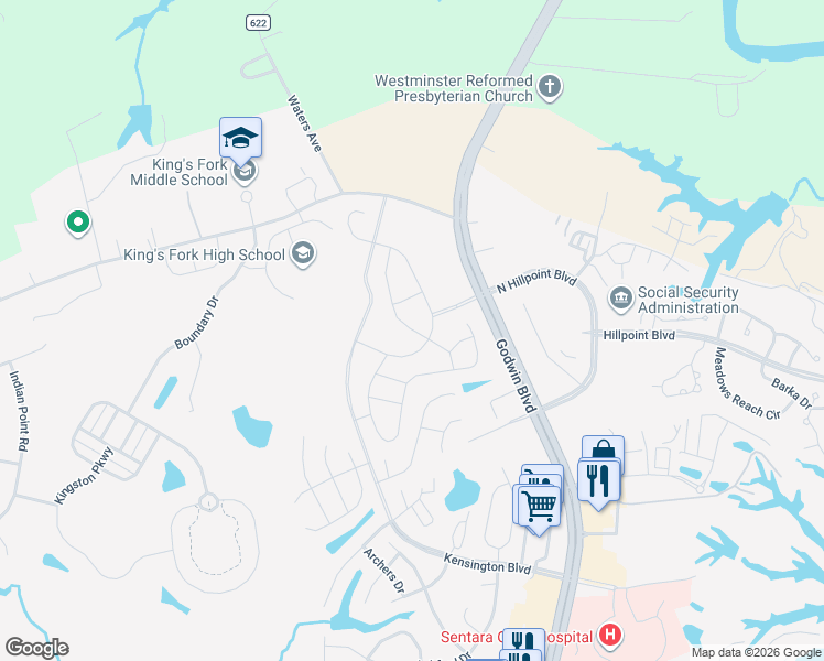 map of restaurants, bars, coffee shops, grocery stores, and more near 203 Station Drive in Suffolk