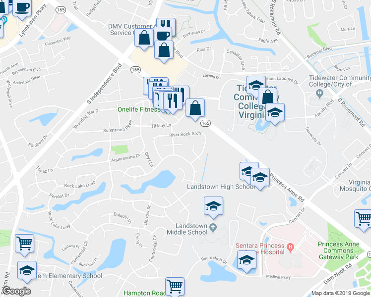 map of restaurants, bars, coffee shops, grocery stores, and more near 1805 Jagged Rock Drive in Virginia Beach