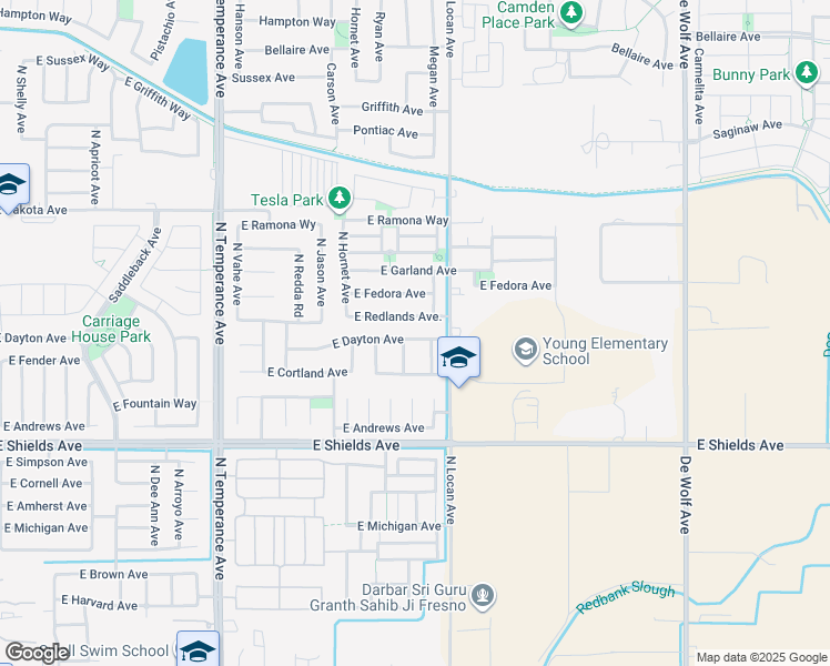 map of restaurants, bars, coffee shops, grocery stores, and more near 7444 East Dayton Avenue in Fresno
