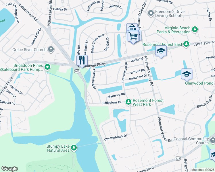 map of restaurants, bars, coffee shops, grocery stores, and more near 1501 Collingswood Trail in Virginia Beach