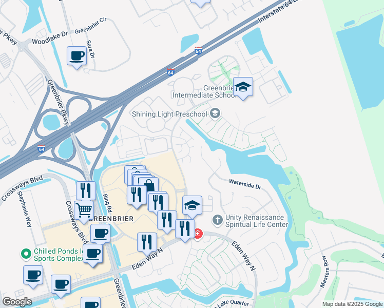 map of restaurants, bars, coffee shops, grocery stores, and more near 1613 Stone Moss Reach in Chesapeake
