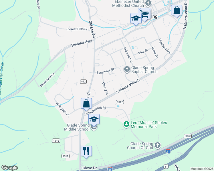 map of restaurants, bars, coffee shops, grocery stores, and more near 400-420 Honeysuckle Lane in Glade Spring