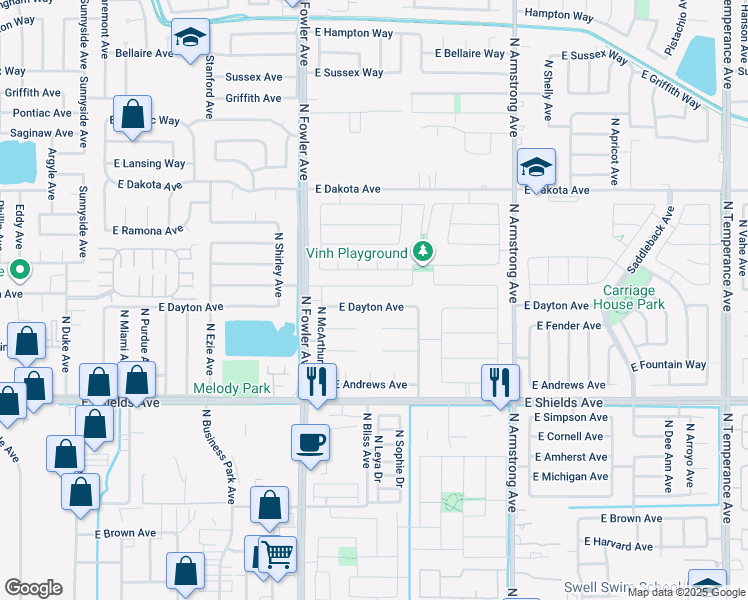 map of restaurants, bars, coffee shops, grocery stores, and more near 6118 East Dayton Avenue in Fresno