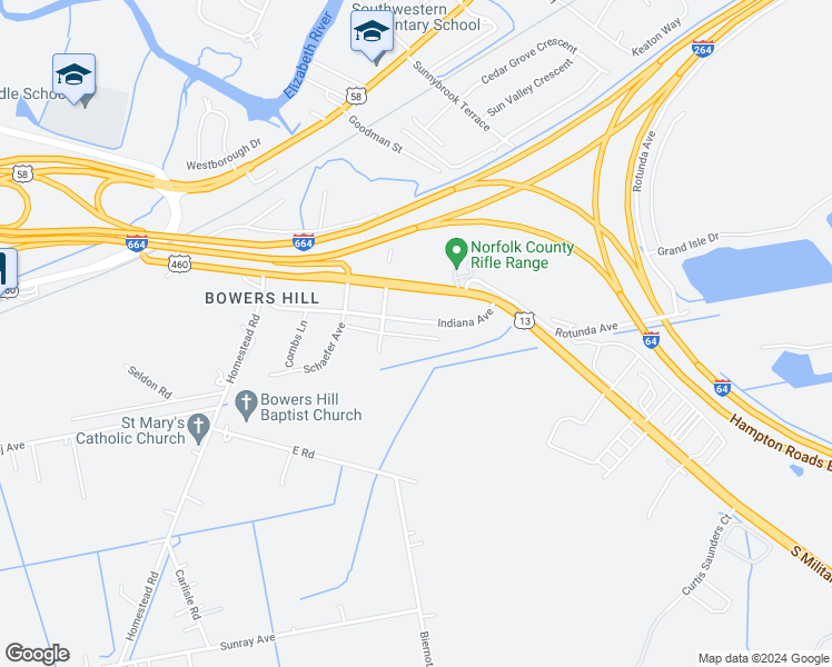 map of restaurants, bars, coffee shops, grocery stores, and more near 4524 Moonlight Way in Chesapeake