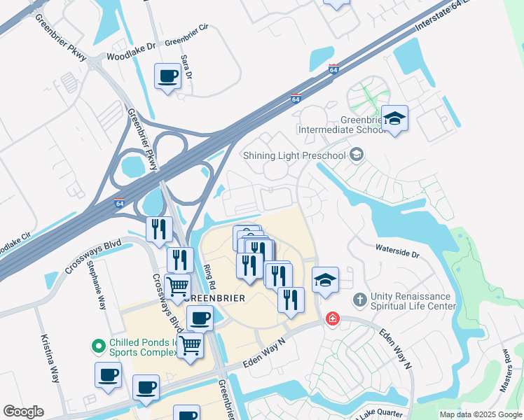 map of restaurants, bars, coffee shops, grocery stores, and more near 1016 Elysian Place in Chesapeake