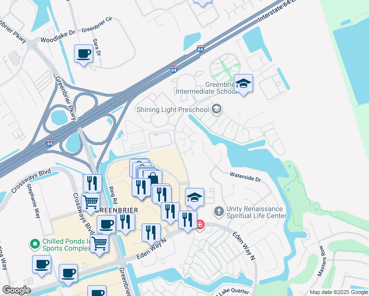 map of restaurants, bars, coffee shops, grocery stores, and more near 1705 Boulder Lane in Chesapeake