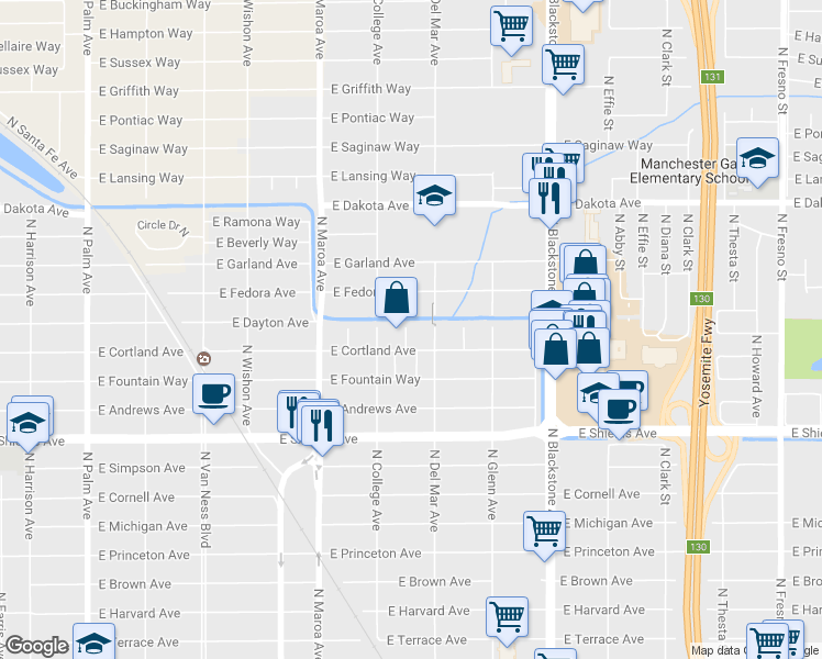 map of restaurants, bars, coffee shops, grocery stores, and more near 3534 North Poplar Avenue in Fresno