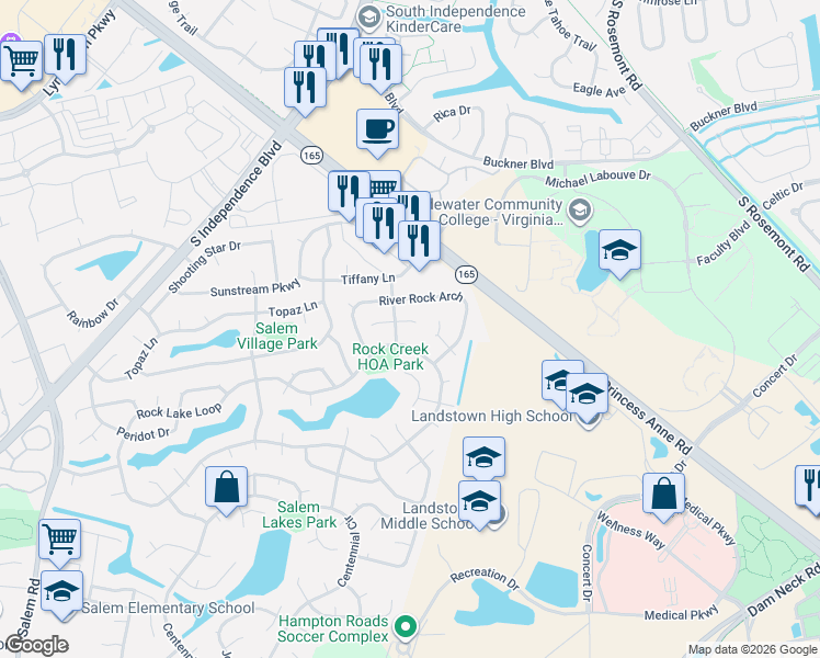 map of restaurants, bars, coffee shops, grocery stores, and more near 1801 Jagged Rock Drive in Virginia Beach