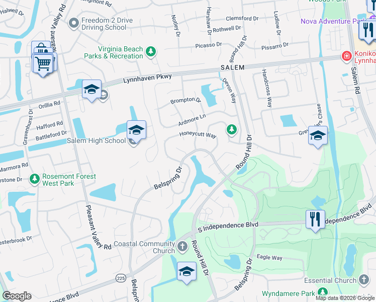 map of restaurants, bars, coffee shops, grocery stores, and more near 1896 Pepperell Drive in Virginia Beach