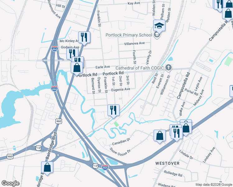 map of restaurants, bars, coffee shops, grocery stores, and more near 4125 1st Street in Chesapeake