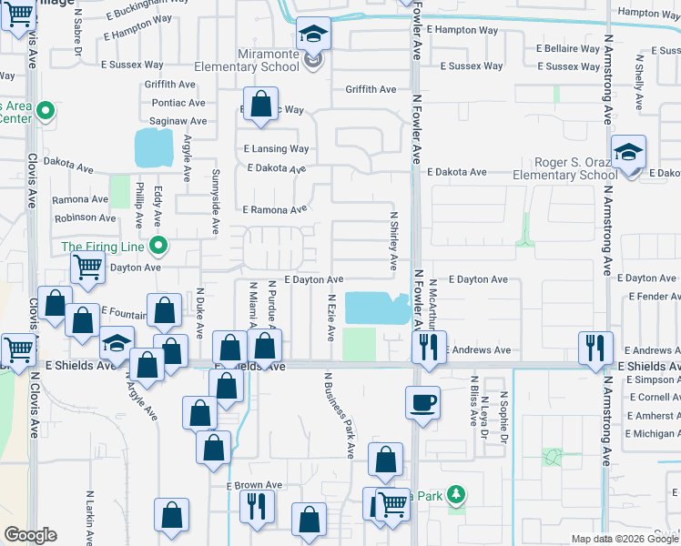 map of restaurants, bars, coffee shops, grocery stores, and more near 5941 East Dayton Avenue in Fresno