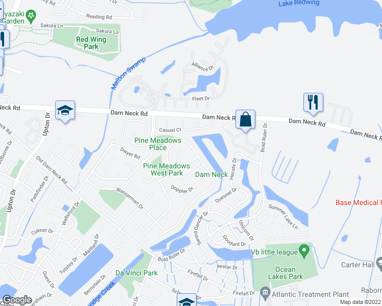map of restaurants, bars, coffee shops, grocery stores, and more near 857 Daimler Drive in Virginia Beach
