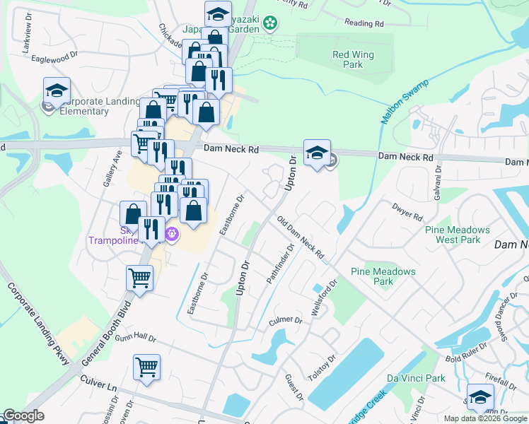 map of restaurants, bars, coffee shops, grocery stores, and more near 1007 Old Dam Neck Road in Virginia Beach