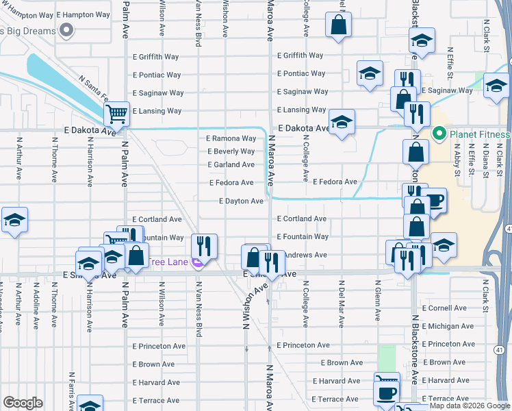 map of restaurants, bars, coffee shops, grocery stores, and more near 830 East Dayton Avenue in Fresno