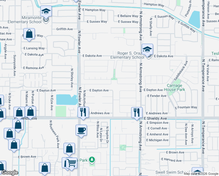map of restaurants, bars, coffee shops, grocery stores, and more near 6246 East Dayton Avenue in Fresno