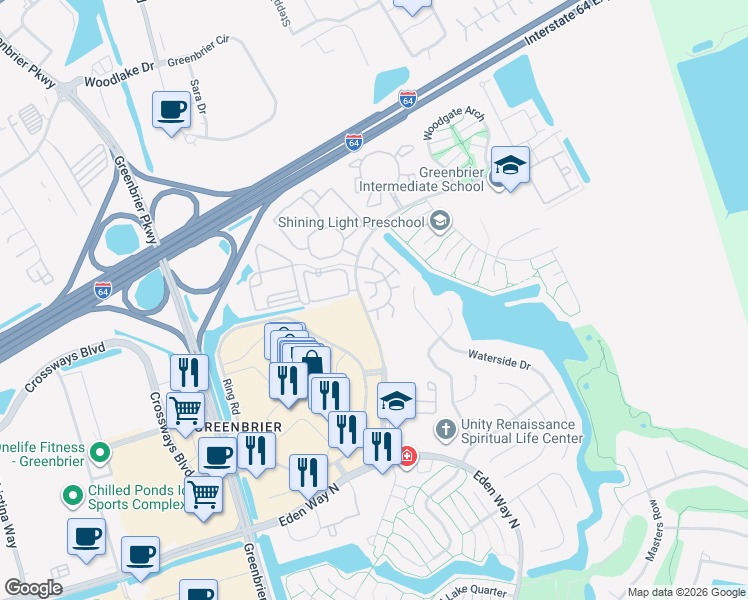 map of restaurants, bars, coffee shops, grocery stores, and more near 1705 Boulder Lane in Chesapeake