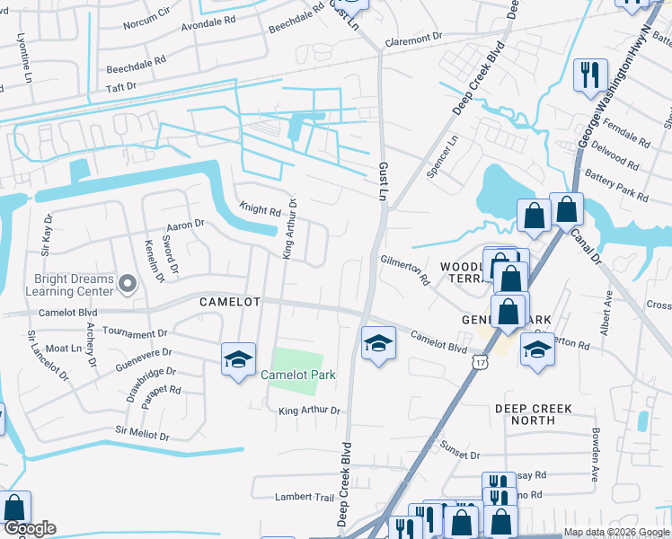 map of restaurants, bars, coffee shops, grocery stores, and more near 1126 Excalibur Street in Chesapeake