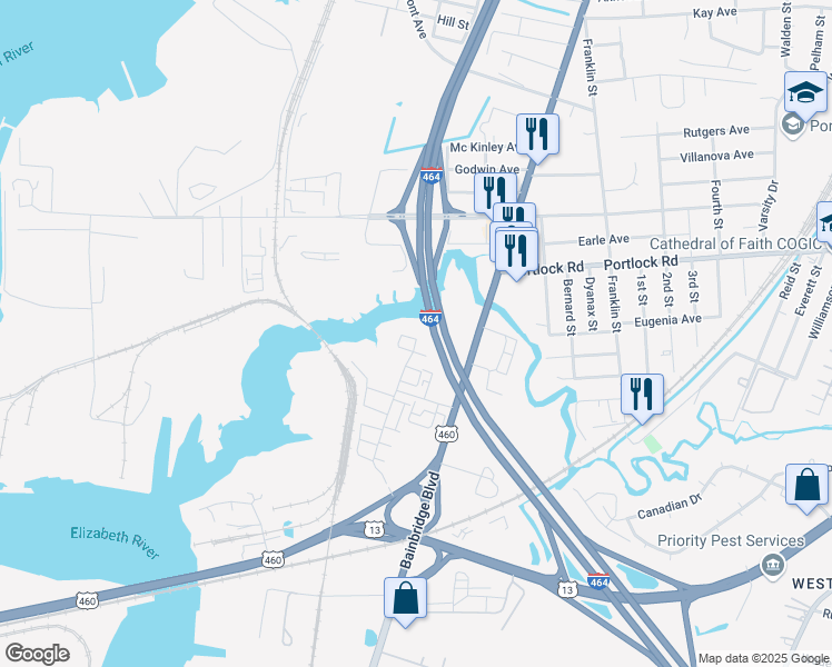 map of restaurants, bars, coffee shops, grocery stores, and more near 4329 Whitfield Lane in Chesapeake