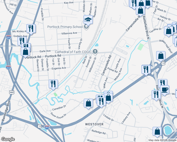 map of restaurants, bars, coffee shops, grocery stores, and more near 4145 Williamson Street in Chesapeake