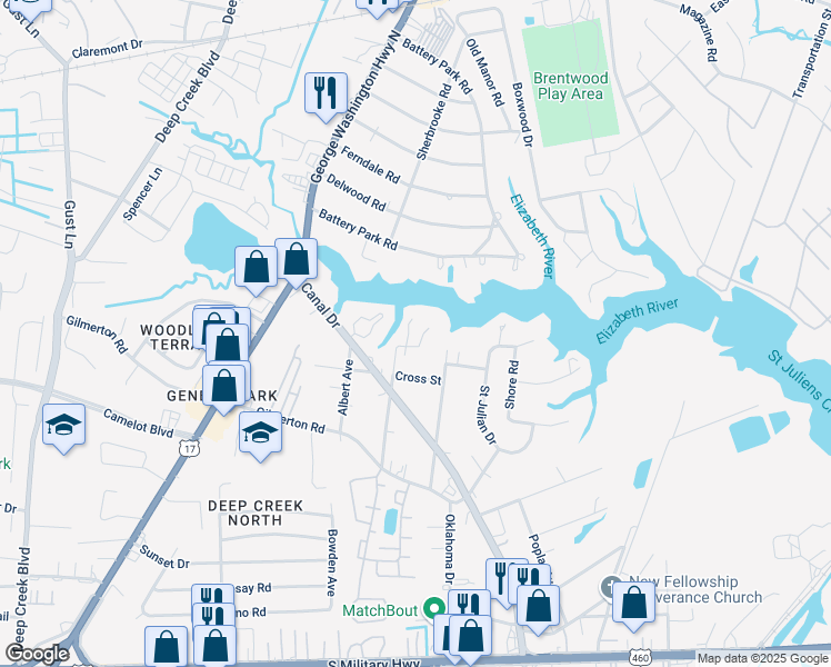 map of restaurants, bars, coffee shops, grocery stores, and more near 1108 Dane Street in Chesapeake