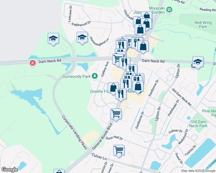 map of restaurants, bars, coffee shops, grocery stores, and more near 1133 Hubbell Drive in Virginia Beach