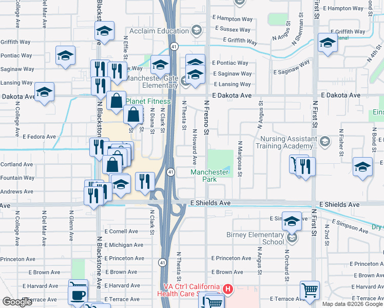 map of restaurants, bars, coffee shops, grocery stores, and more near 2415 East Dayton Avenue in Fresno