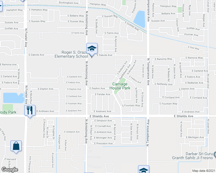map of restaurants, bars, coffee shops, grocery stores, and more near 6664 East Dayton Avenue in Fresno