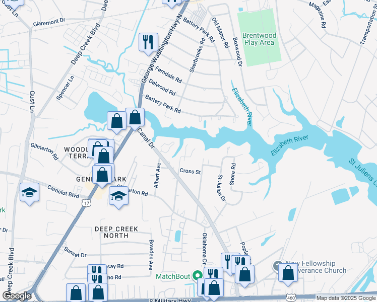map of restaurants, bars, coffee shops, grocery stores, and more near 1104 Dane Street in Chesapeake