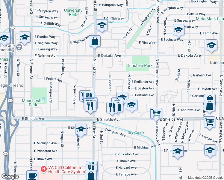 map of restaurants, bars, coffee shops, grocery stores, and more near 3534 North Fisher Street in Fresno