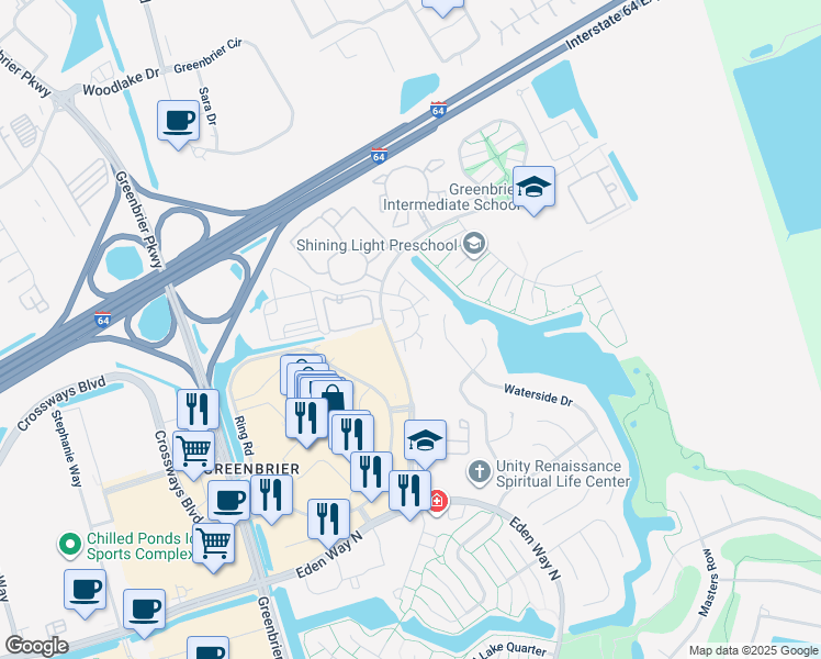 map of restaurants, bars, coffee shops, grocery stores, and more near 1709 Boulder Lane in Chesapeake