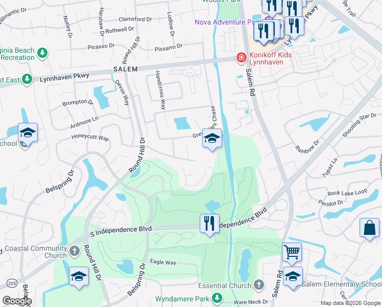 map of restaurants, bars, coffee shops, grocery stores, and more near 1712 Clevhamm Common Court in Virginia Beach