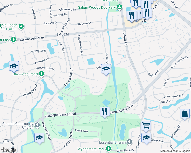 map of restaurants, bars, coffee shops, grocery stores, and more near 1712 Clevhamm Common Court in Virginia Beach