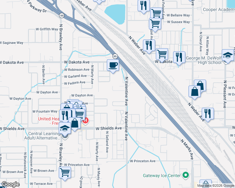 map of restaurants, bars, coffee shops, grocery stores, and more near 3207 North Valentine Avenue in Fresno