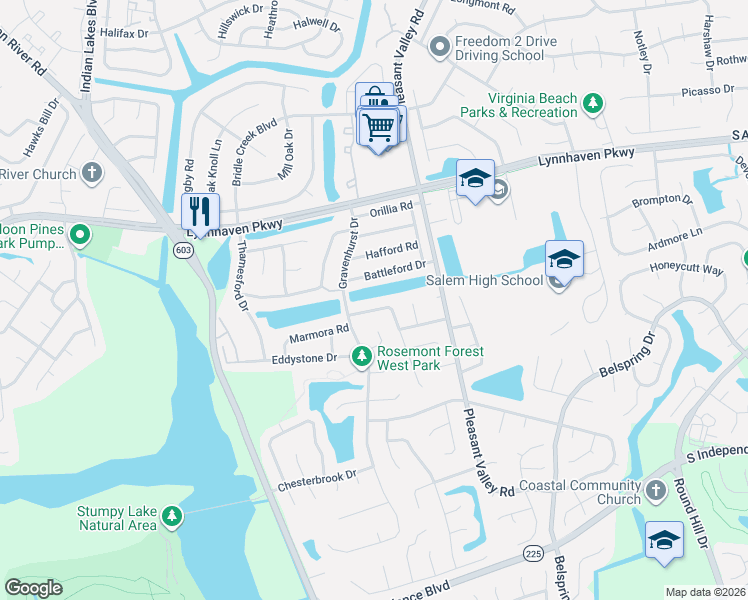 map of restaurants, bars, coffee shops, grocery stores, and more near 1348 Graylyn Road in Virginia Beach