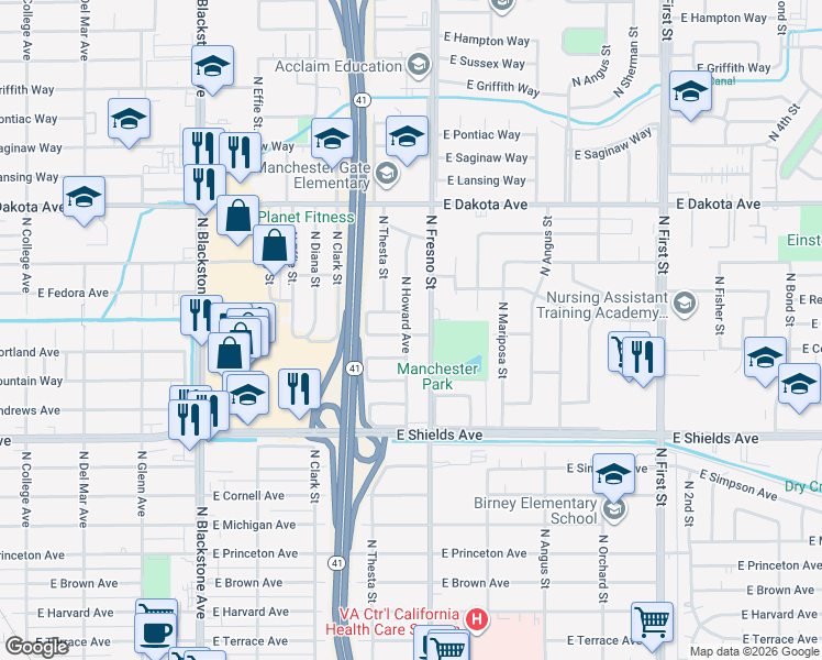 map of restaurants, bars, coffee shops, grocery stores, and more near 2415 East Dayton Avenue in Fresno
