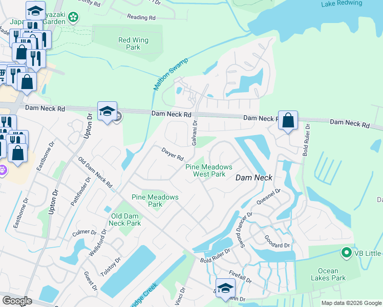 map of restaurants, bars, coffee shops, grocery stores, and more near 1509 Galvani Drive in Virginia Beach