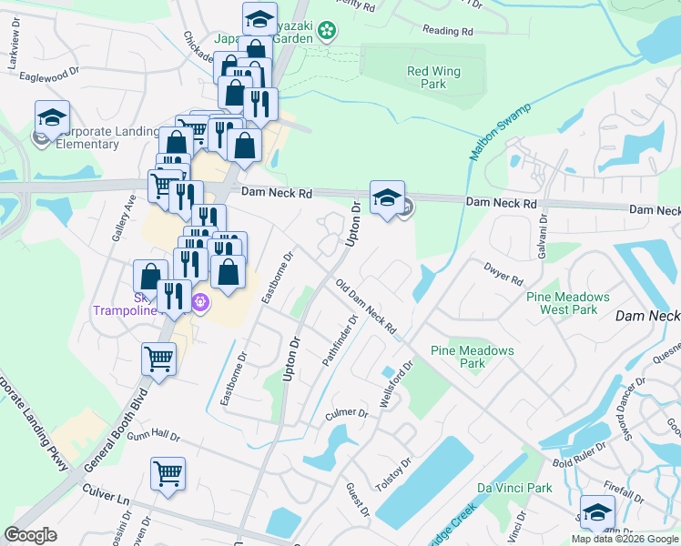 map of restaurants, bars, coffee shops, grocery stores, and more near 1007 Old Dam Neck Road in Virginia Beach