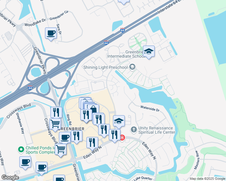 map of restaurants, bars, coffee shops, grocery stores, and more near 1705 Boulder Lane in Chesapeake