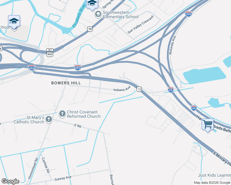map of restaurants, bars, coffee shops, grocery stores, and more near 4504 Moonlight Way in Chesapeake