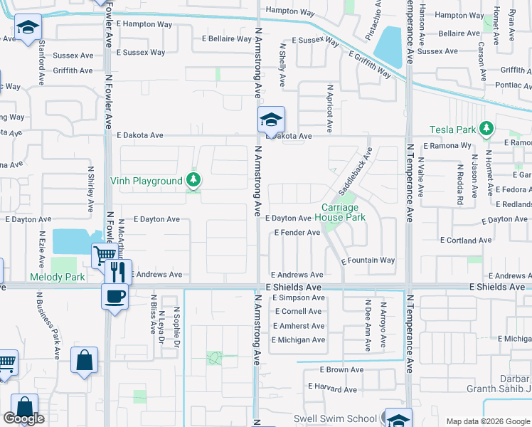 map of restaurants, bars, coffee shops, grocery stores, and more near 3259 North Filbert Avenue in Fresno