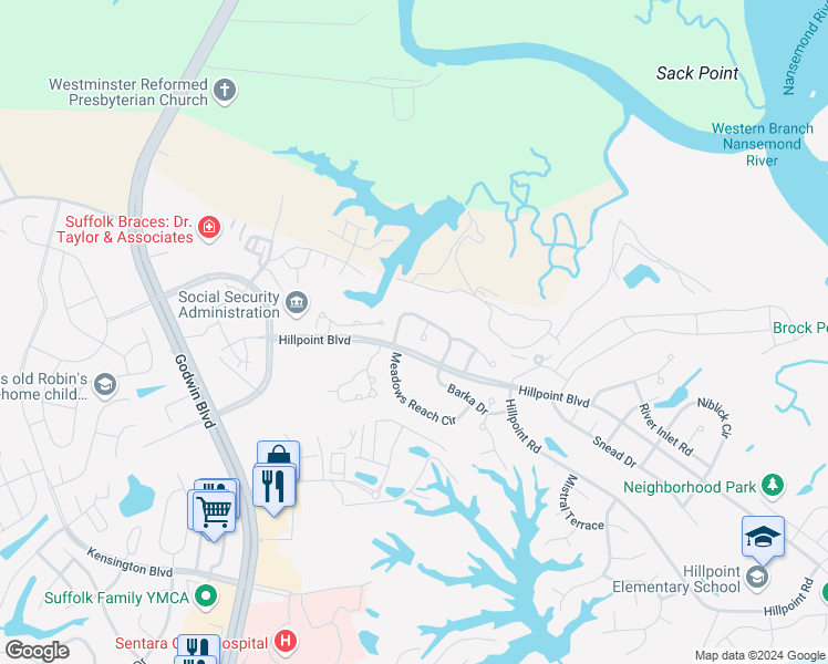 map of restaurants, bars, coffee shops, grocery stores, and more near 3204 Strata Court in Suffolk