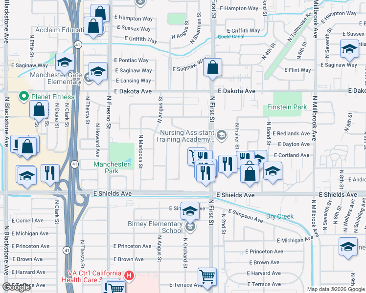 map of restaurants, bars, coffee shops, grocery stores, and more near 3542 North Orchard Street in Fresno