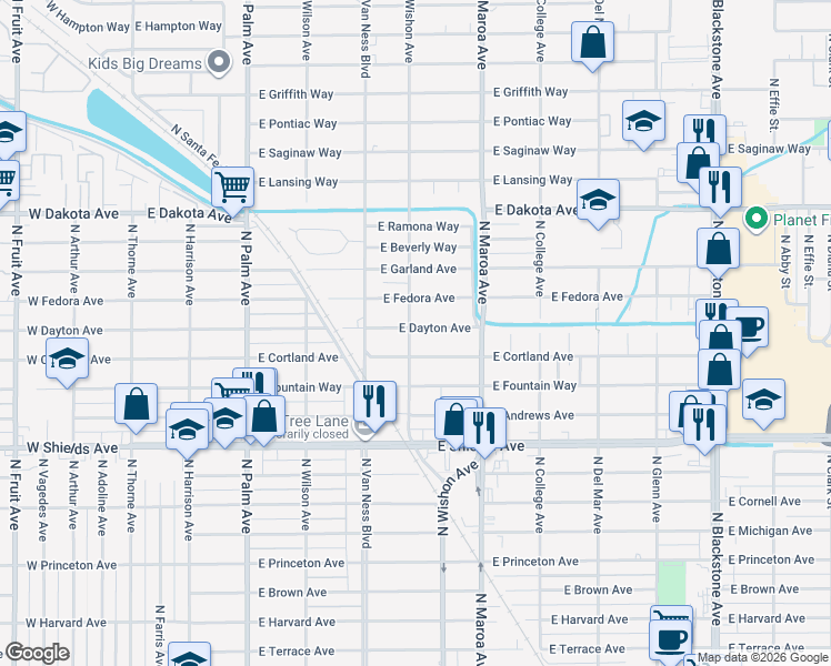 map of restaurants, bars, coffee shops, grocery stores, and more near 712 East Dayton Avenue in Fresno
