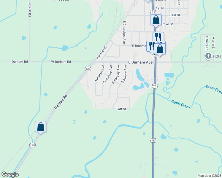 map of restaurants, bars, coffee shops, grocery stores, and more near 520 S Barclay Ave in Dewey