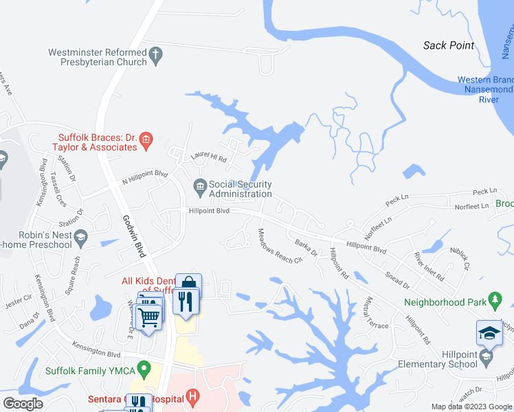 map of restaurants, bars, coffee shops, grocery stores, and more near 1501 Gunston Drive in Suffolk