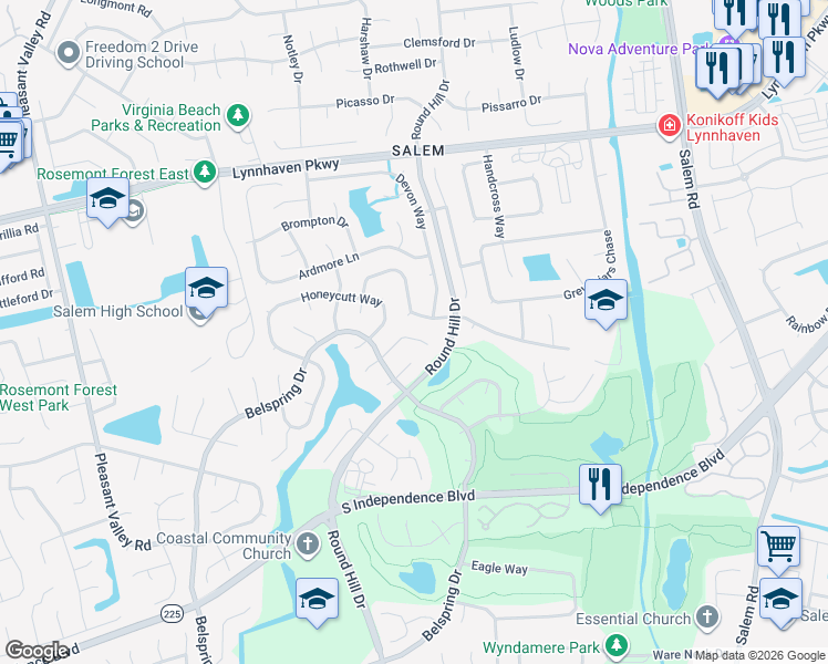 map of restaurants, bars, coffee shops, grocery stores, and more near 968 Penhook Court in Virginia Beach