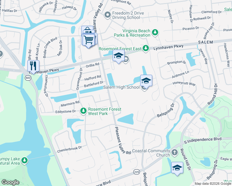 map of restaurants, bars, coffee shops, grocery stores, and more near 1816 Sydenham Trail in Virginia Beach