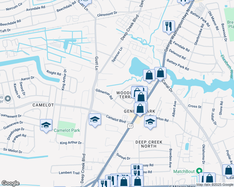 map of restaurants, bars, coffee shops, grocery stores, and more near 1106 Woodland Terrace Drive in Chesapeake